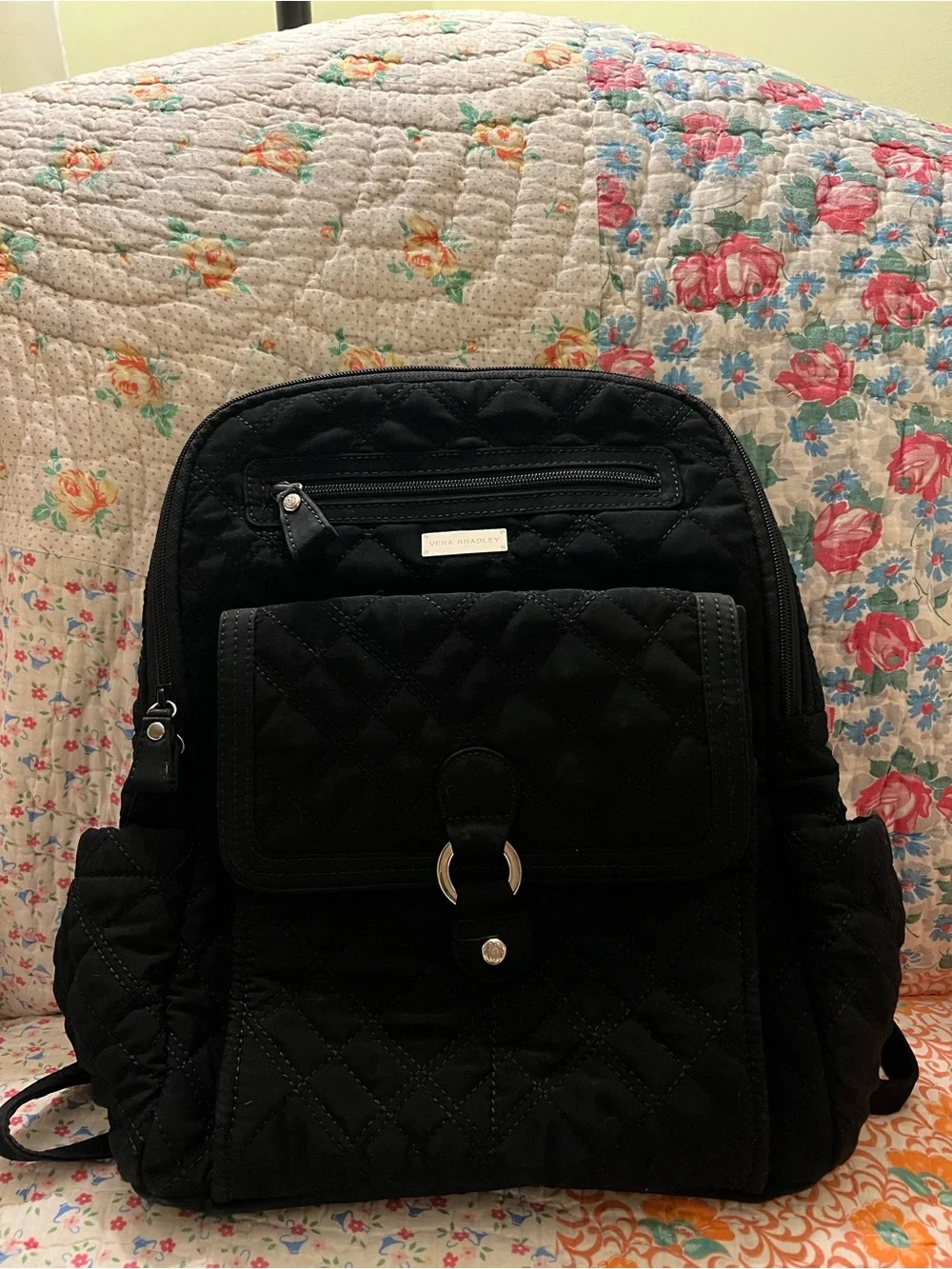 Vintage Retired Vera Bradley Black Quilted Zip Backpack Zebra Lining